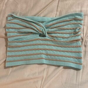AERIE medium Blue tan Cropped Twist Front Sweater Tube Top Stretch Keyhole